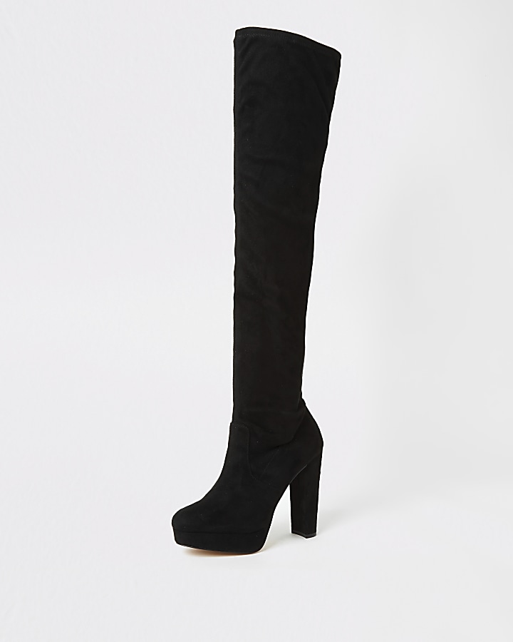 Black high leg wide fit platform heeled boots
