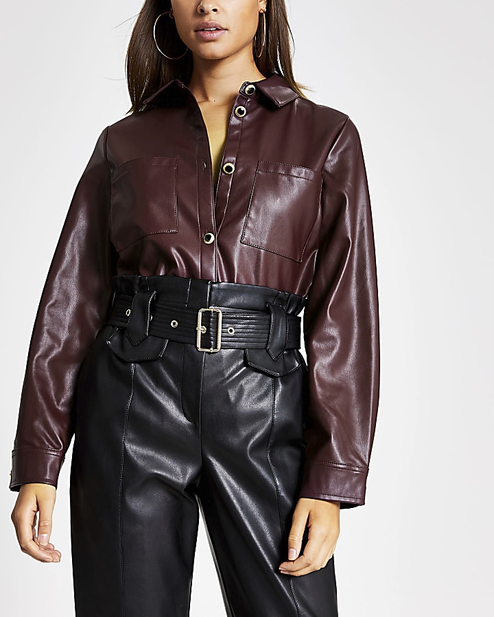 Dark red faux leather long sleeve shirt