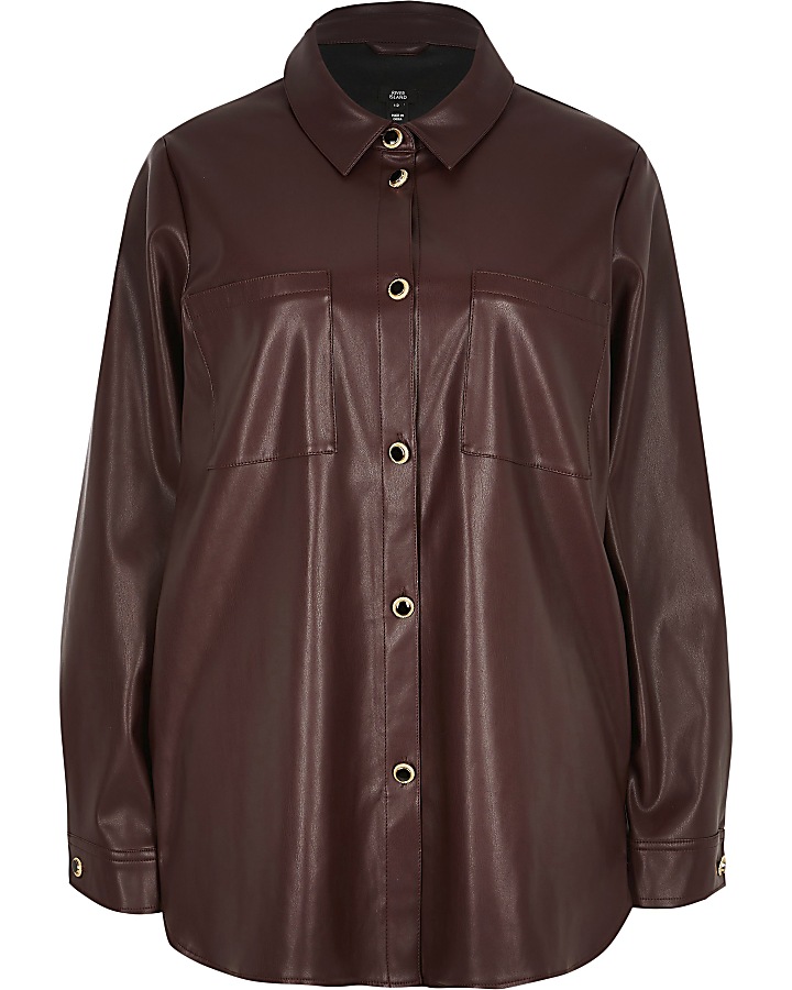 Dark red faux leather long sleeve shirt