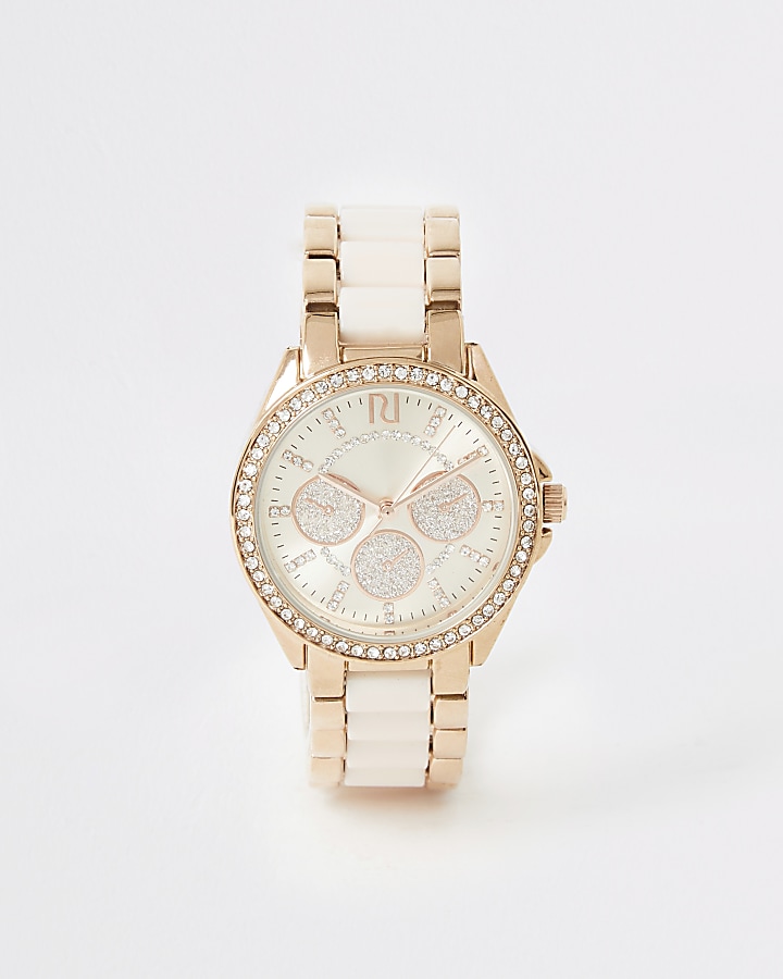 Pink rose gold colour diamante chain watch