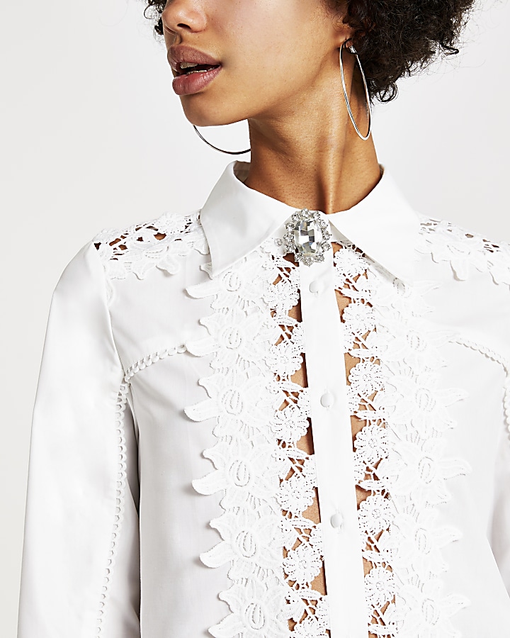 White embroidered long sleeve shirt