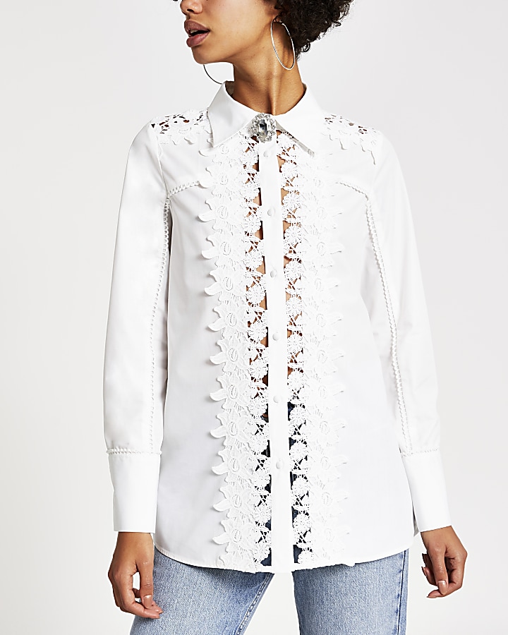 White embroidered long sleeve shirt