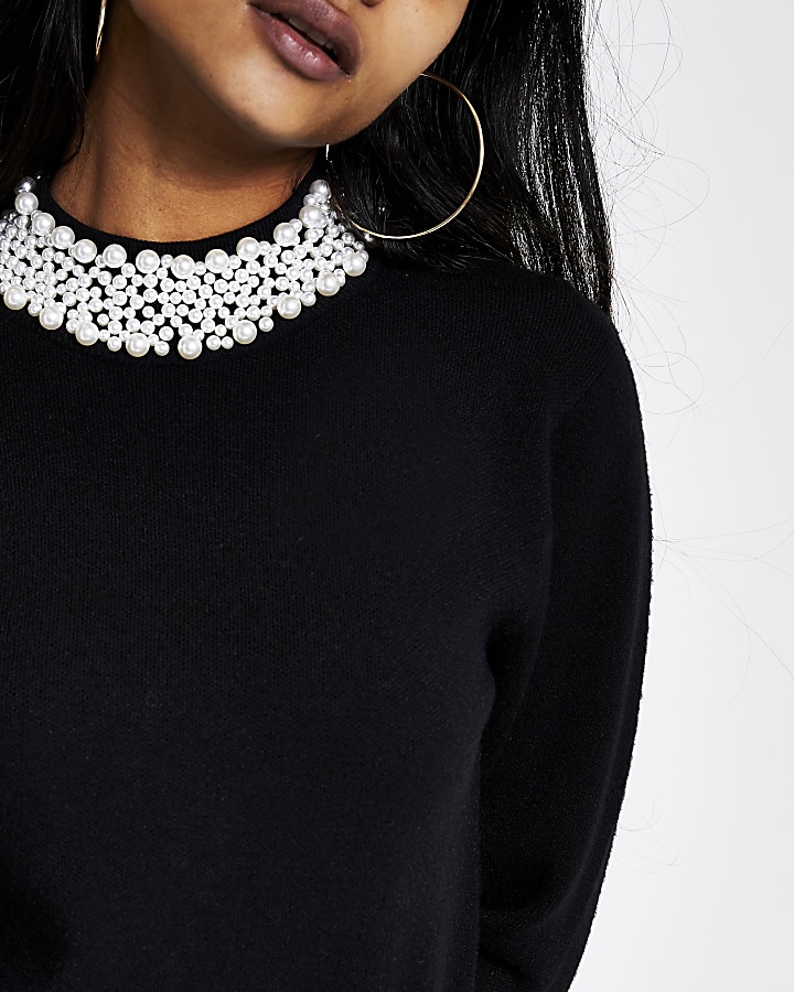 Petite black pearl embellished neck jumper