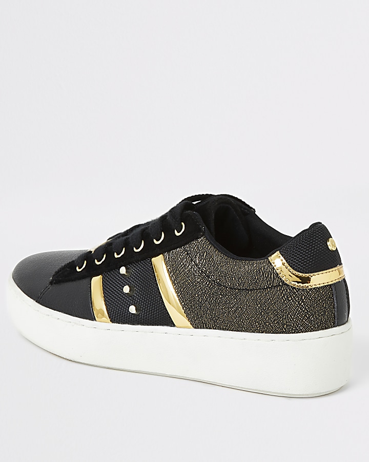 Black studded stripe side lace-up trainers