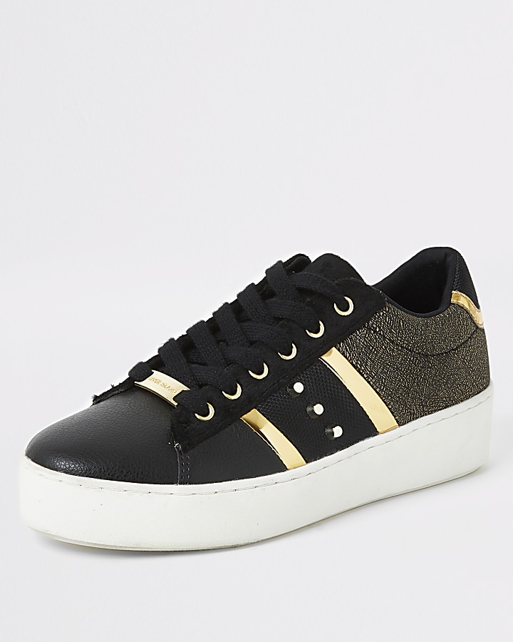 Black studded stripe side lace-up trainers