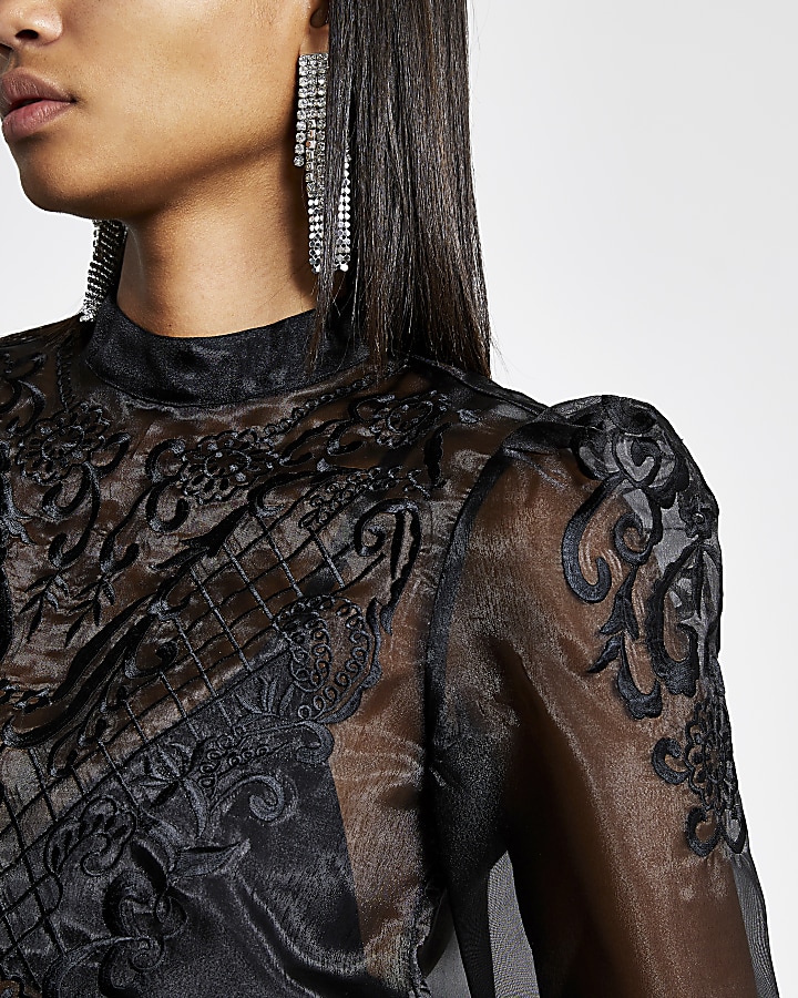 Black long sleeve lace sheer top