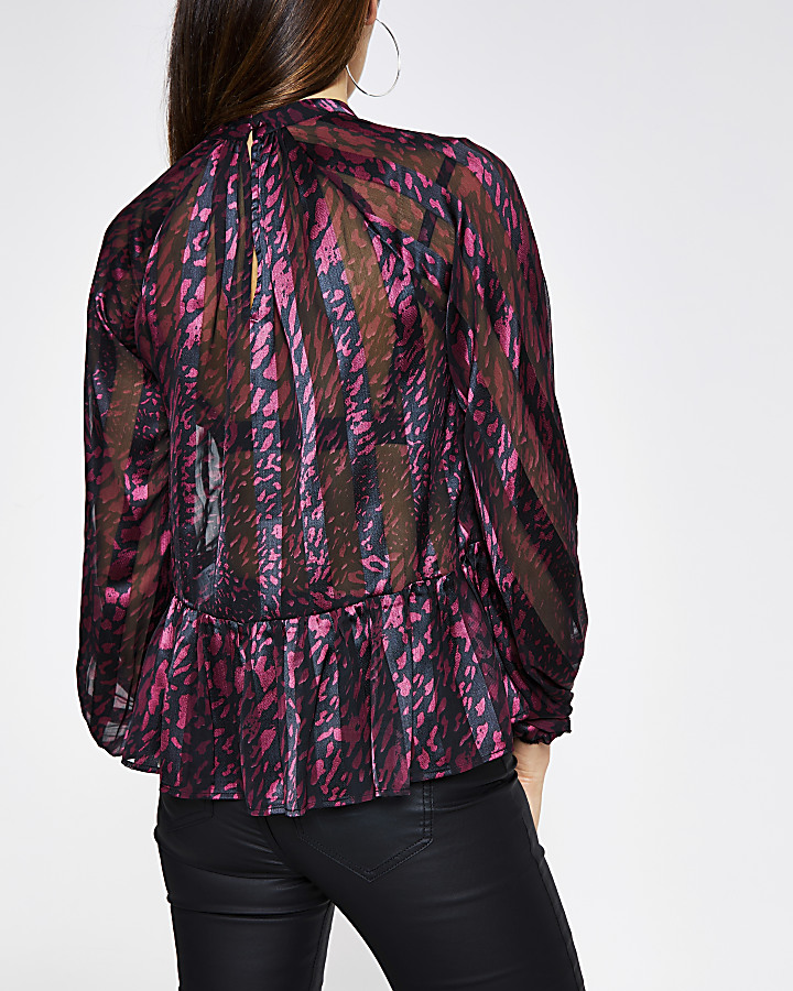 Purple printed sheer long sleeve blouse