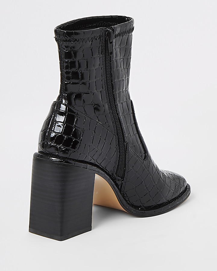Black croc embossed heeled ankle boots