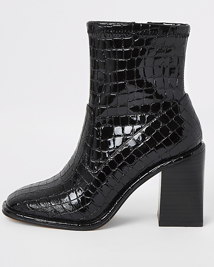Black croc embossed heeled ankle boots