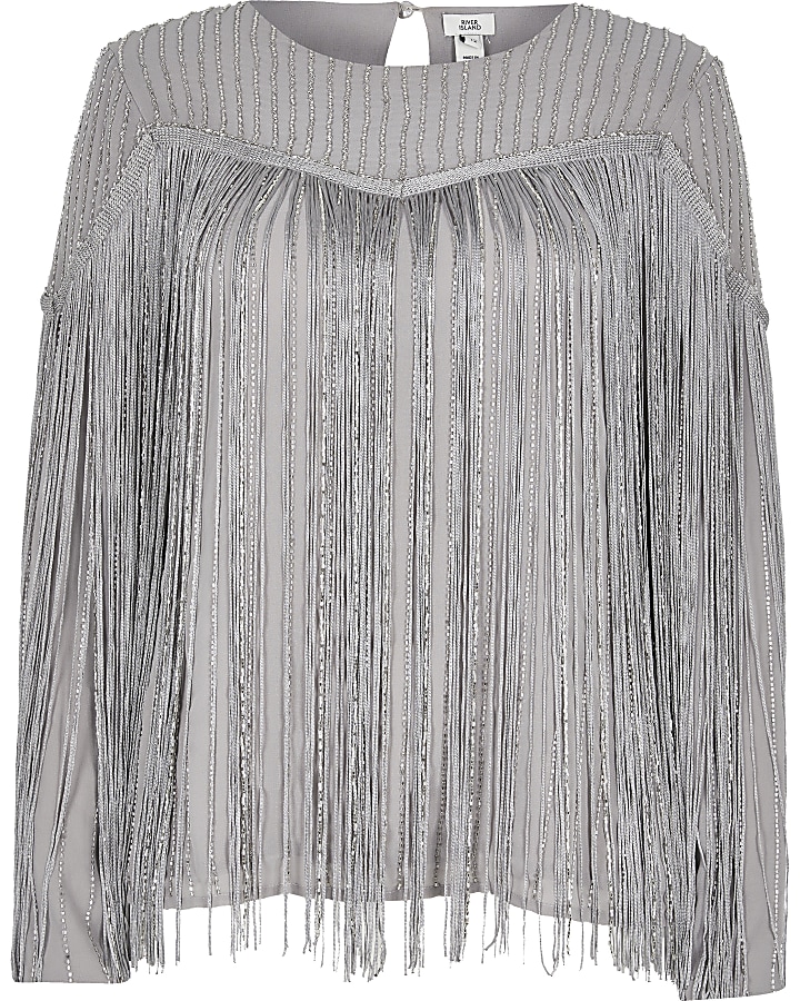 Silver sequin fringe long sleeve blouse