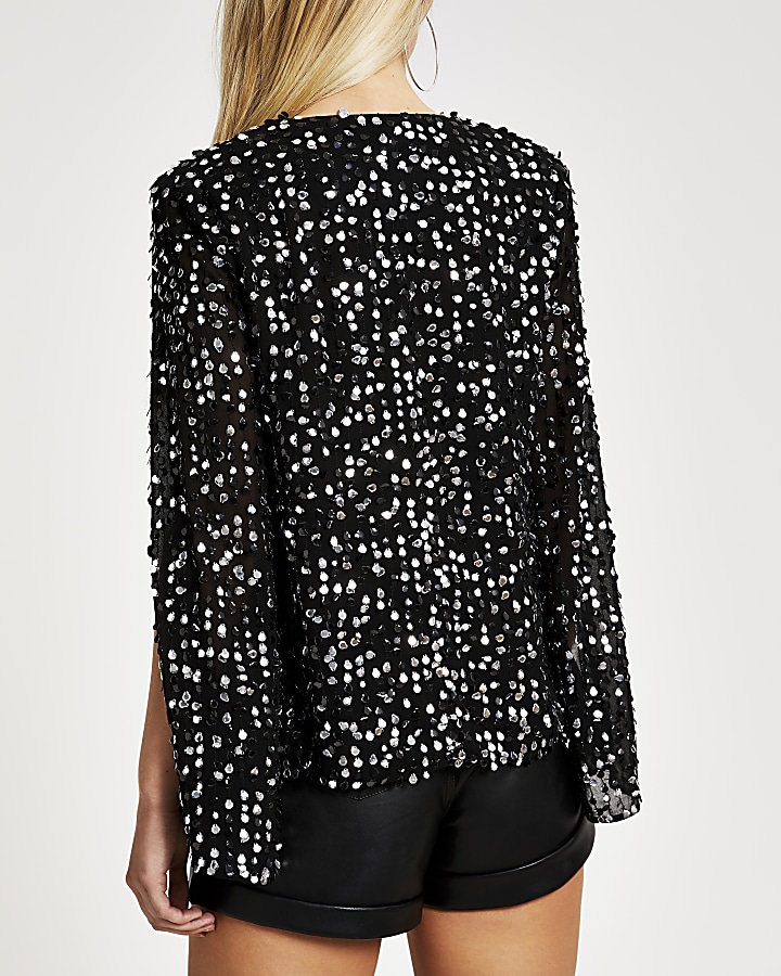 Silver long sleeve sequin embellished cape