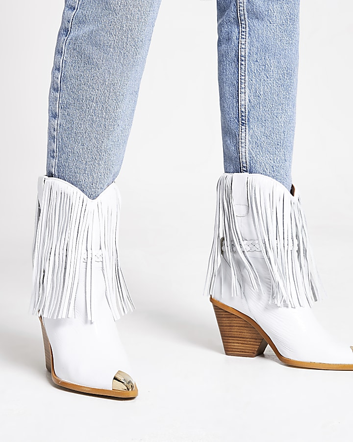 White leather fringe western boots