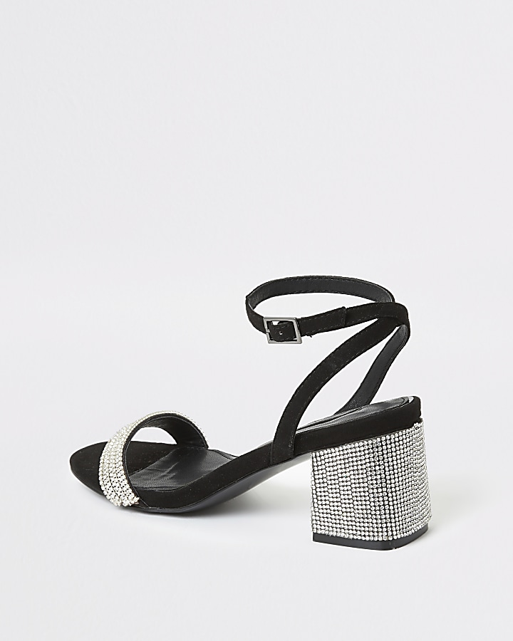 Black diamante block heeled sandals