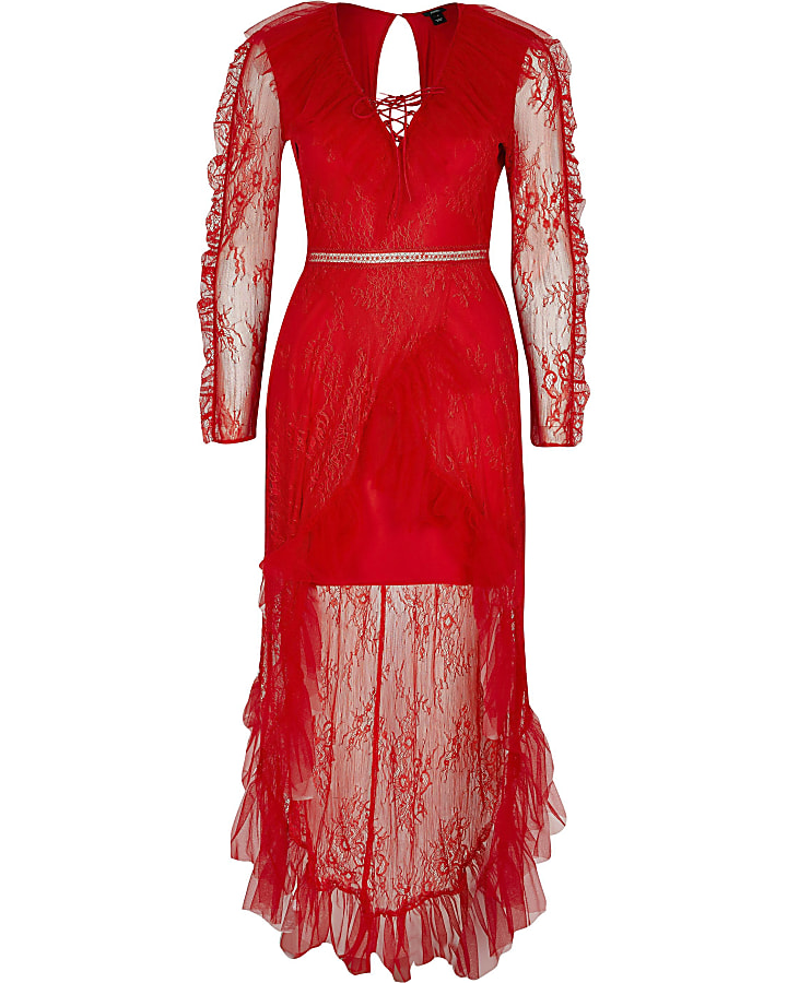 Red lace long sleeve asymmetric hem dress