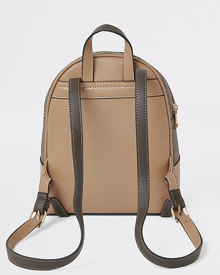 Beige RI monogram zip front backpack