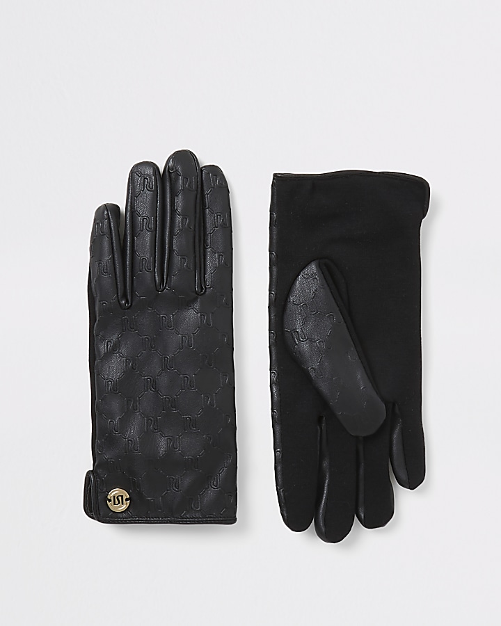 Black RI embossed faux leather gloves