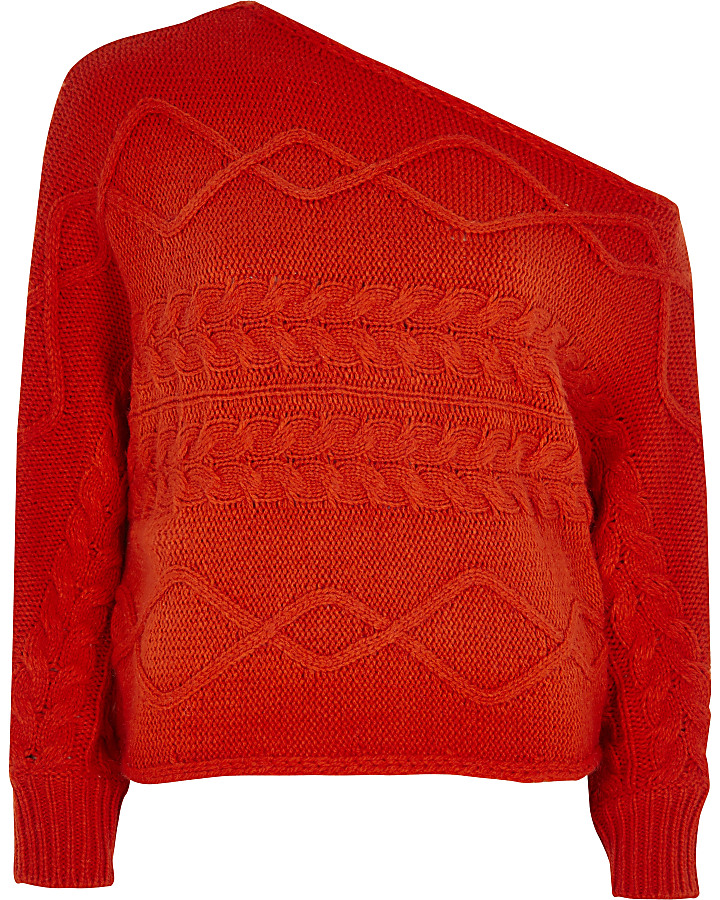 Petite orange cable knit bardot jumper