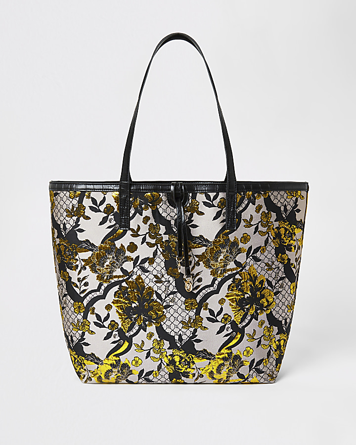 Grey floral jacquard shopper tote bag