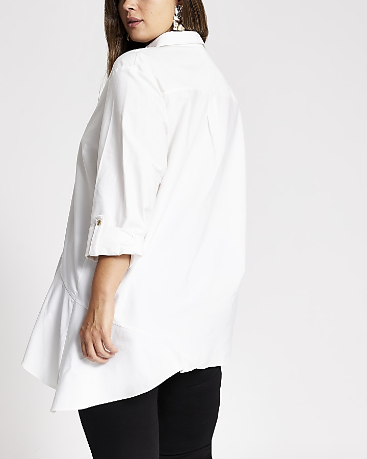 Plus white asymmetric long sleeve shirt