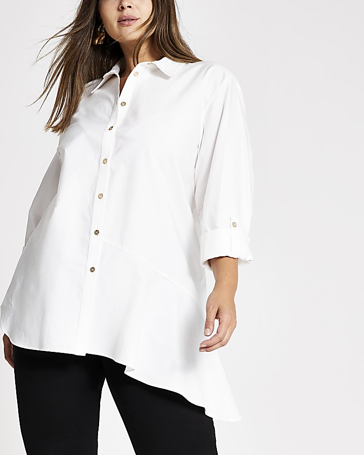 Plus white asymmetric long sleeve shirt