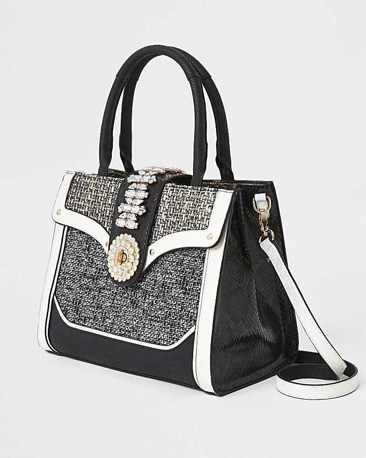 Black boucle diamante embellished tote bag