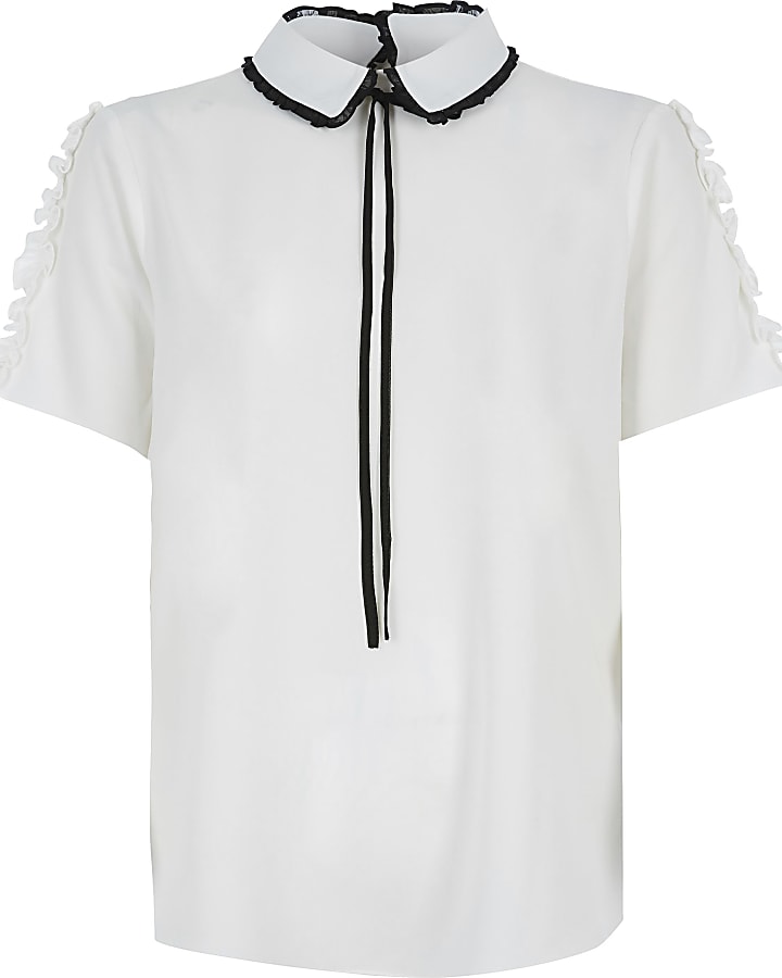 White contrast bow collar top
