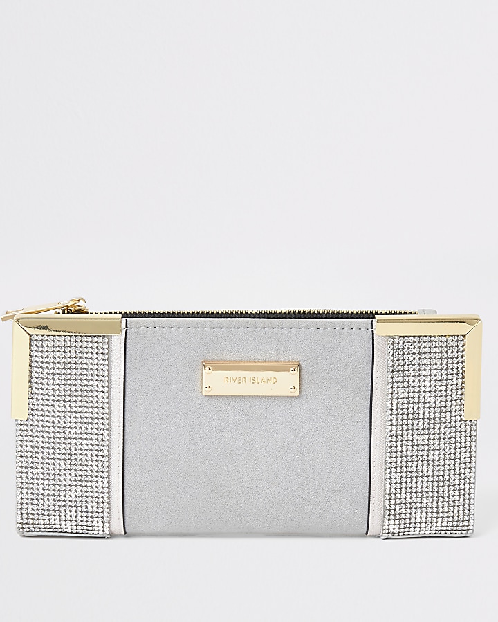 Grey diamante foldout metal corner purse
