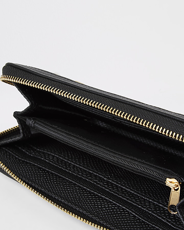 Black pearl studded zip around purse