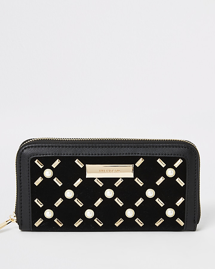 Black pearl studded zip around purse