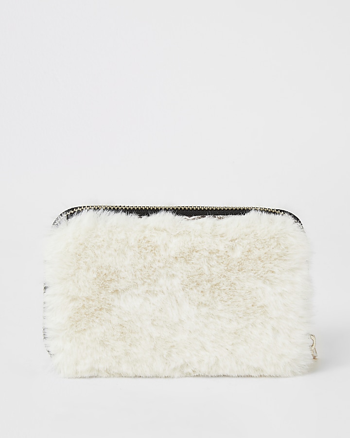 Cream faux fur zip around purse