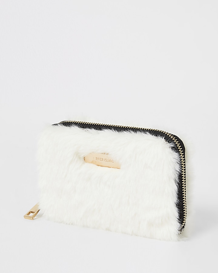 Cream faux fur zip around purse