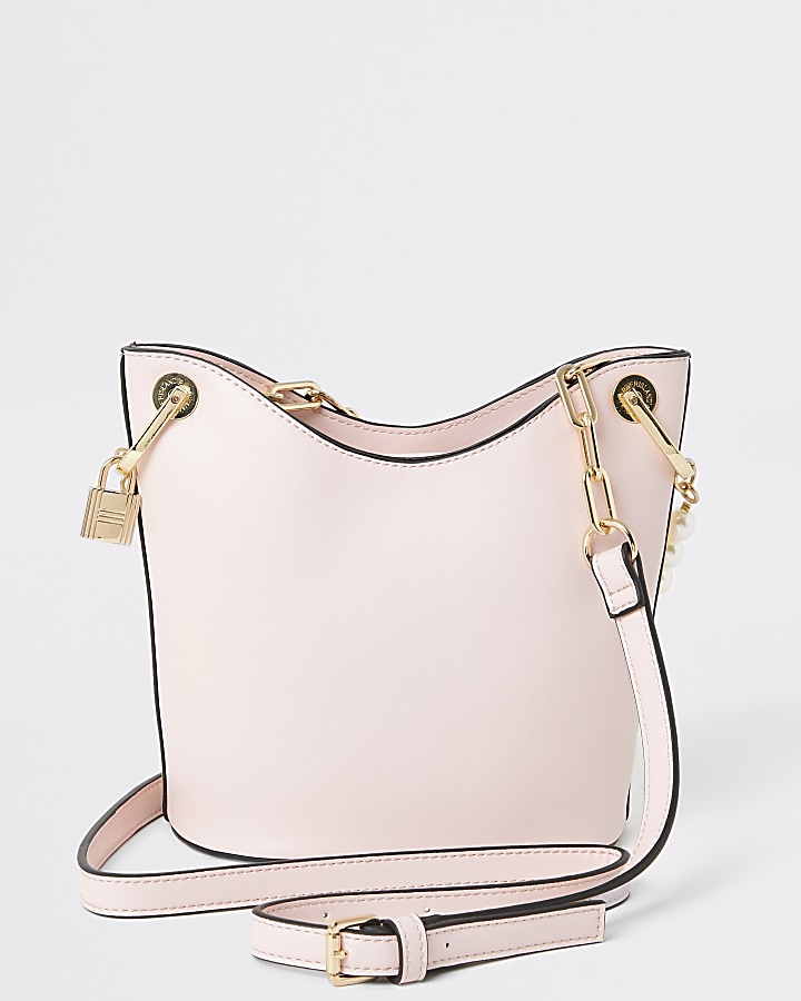 Pink pearl studded cross body bucket bag