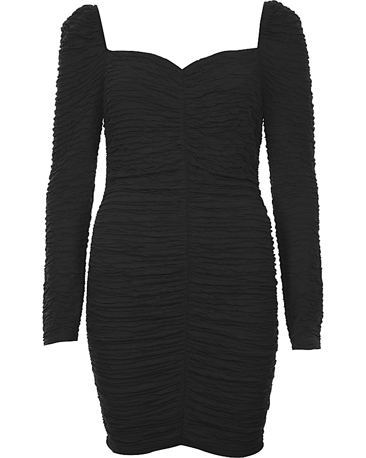 Black ruched long sleeve bodycon dress
