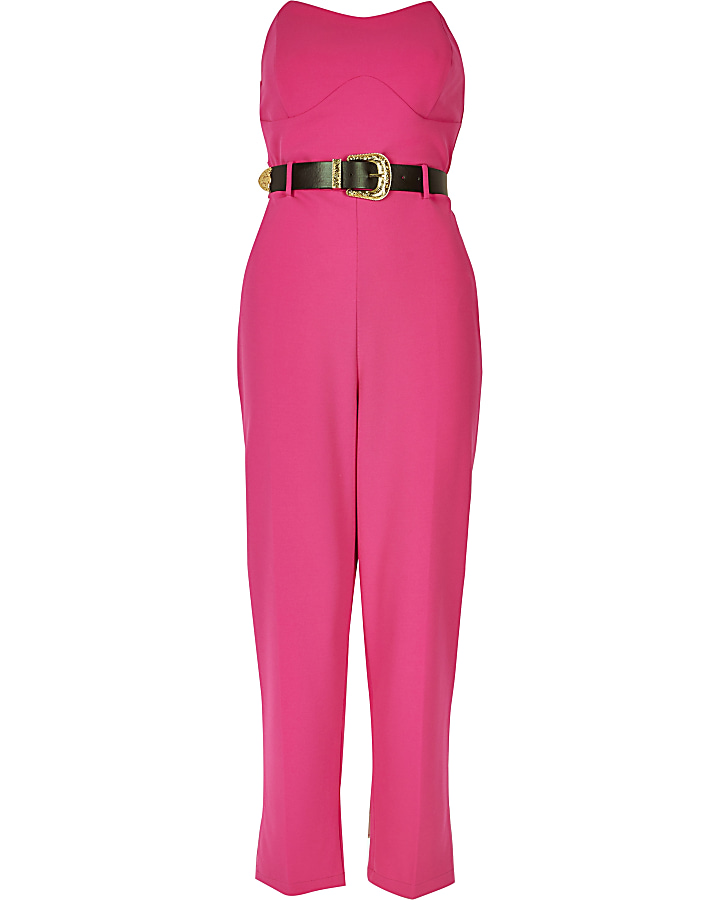 Bright pink western belted bandeau jumpsuit