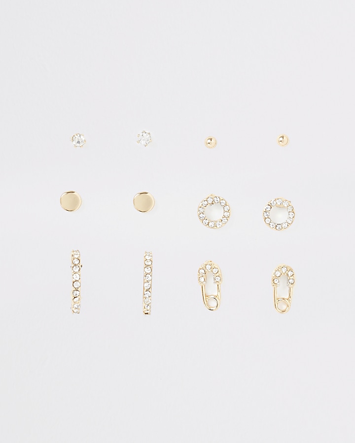 Gold colour diamante pave earring multipack