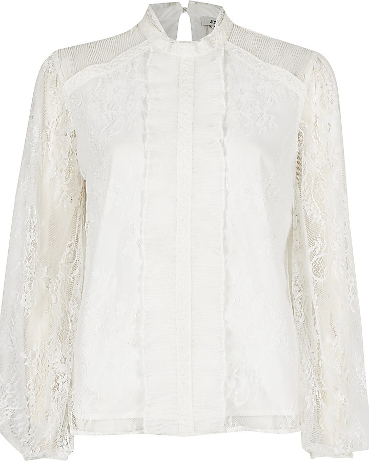 White lace long sleeve frill front blouse