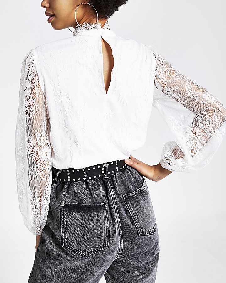 White lace long sleeve frill front blouse