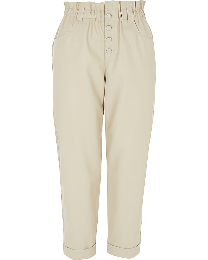 Petite white PU paperbag button trousers