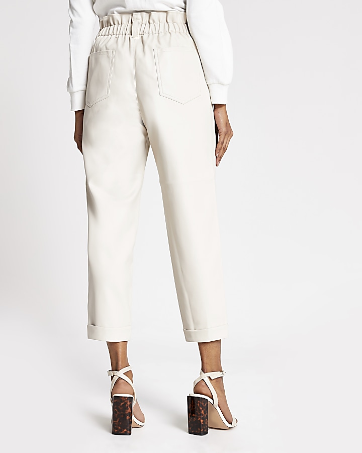 Petite white PU paperbag button trousers