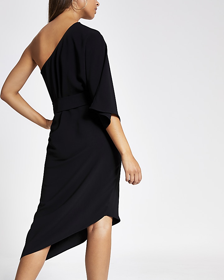 Black one shoulder midi swing dress