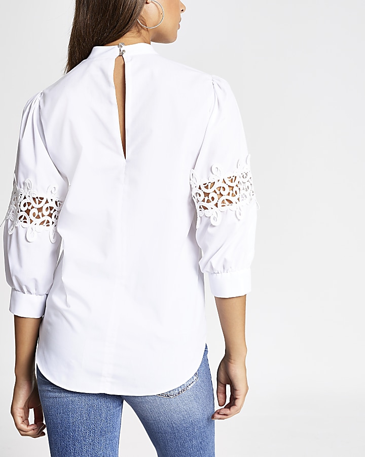 White lace insert long sleeve top