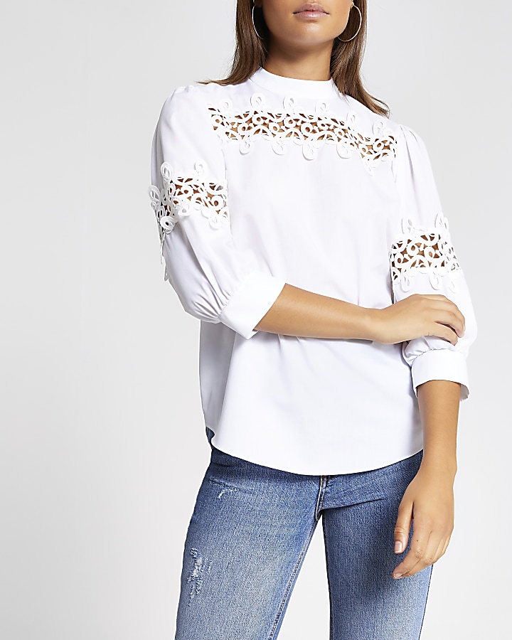 White lace insert long sleeve top