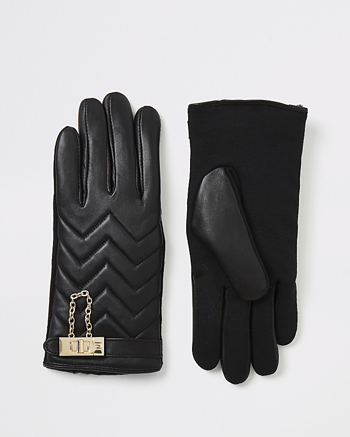 Black leather quilted lock gloves