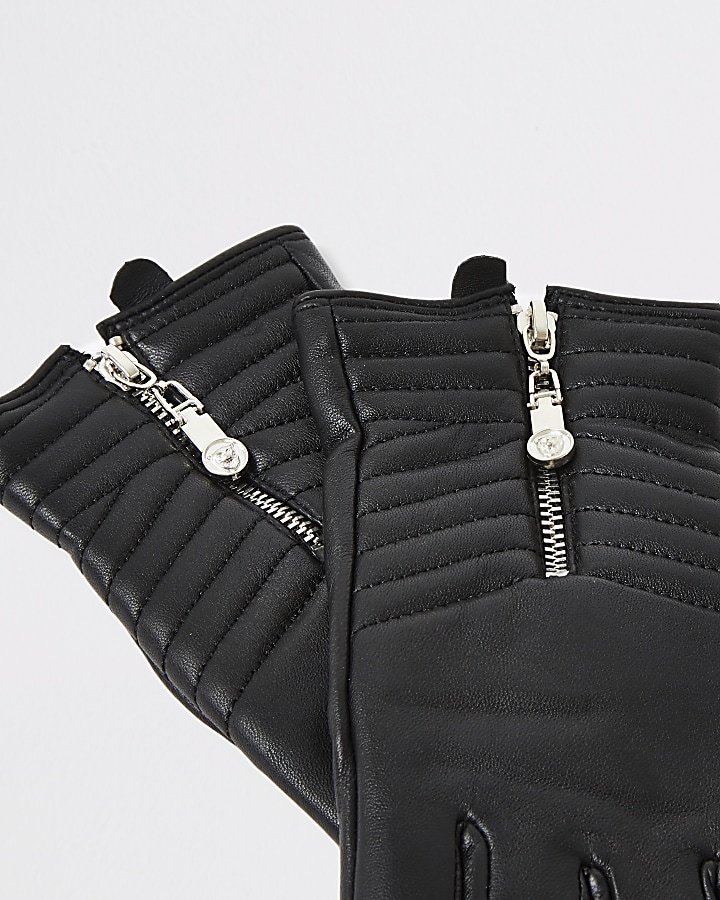 Black leather zip quilted boxed gloves