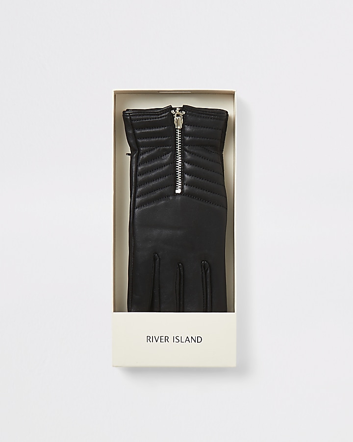 Black leather zip quilted boxed gloves