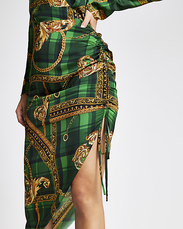 Green print wrap front long sleeve midi dress