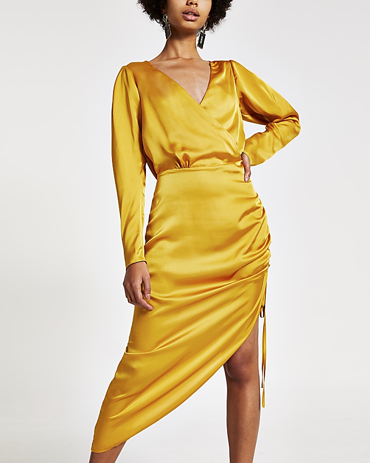 Gold wrap front ruched midi dress