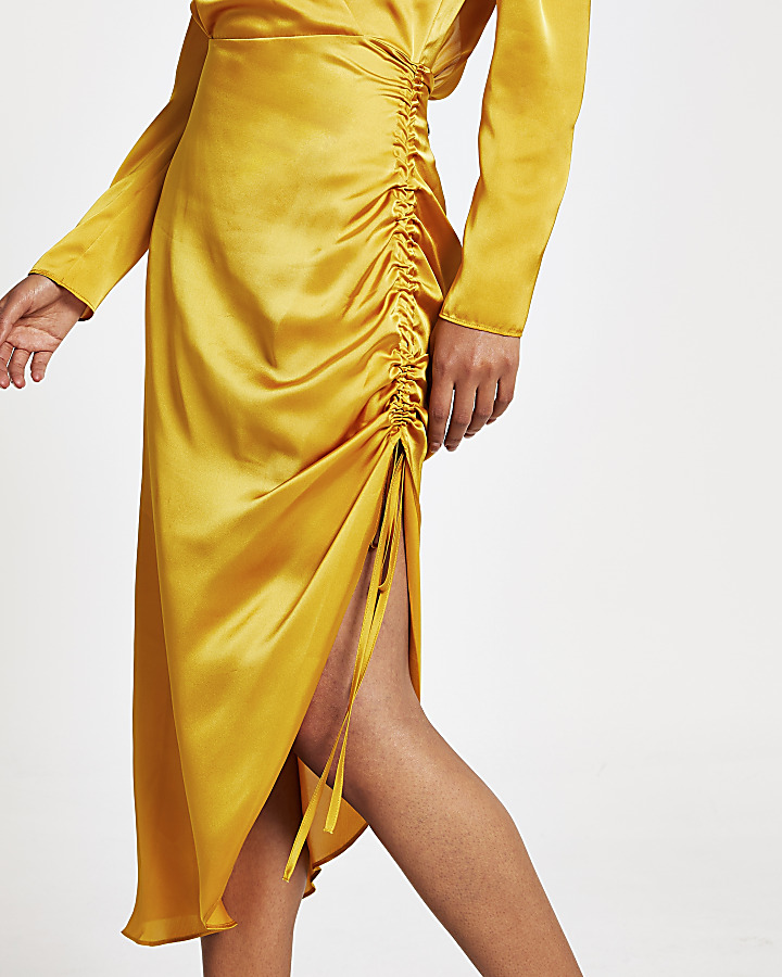 Gold wrap front ruched midi dress