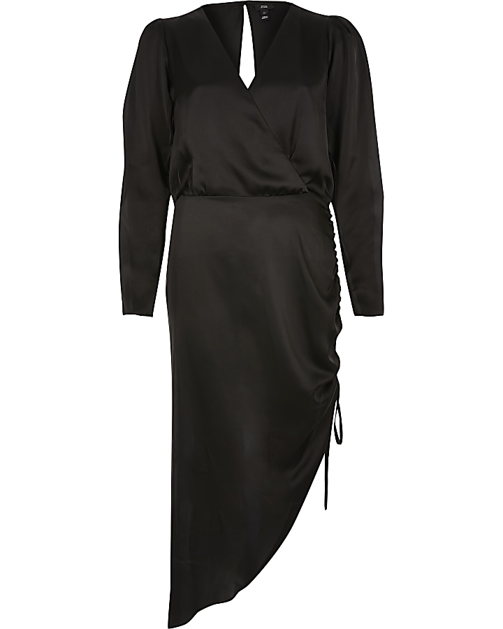 Black wrap front ruched midi dress