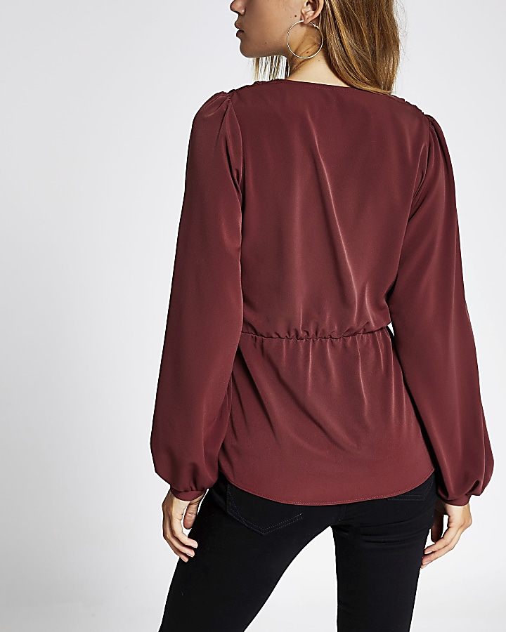 Dark red long sleeve wrap blouse